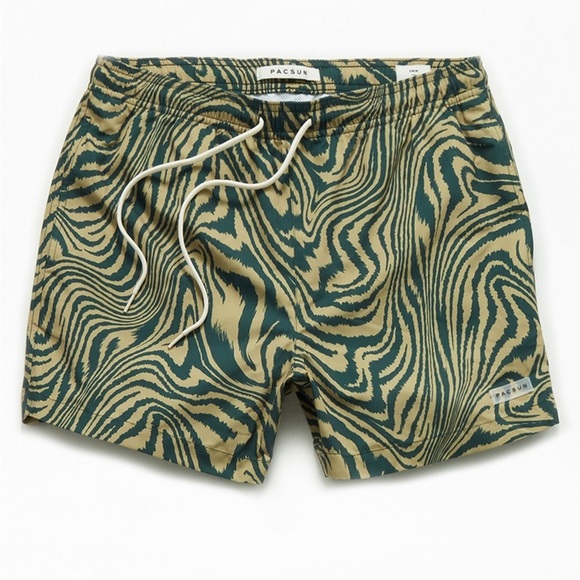 Men’s PacSun Warp 4.5" Swim Trunks Board Shorts Large Green Gold Waves Wavey - Picture 2 of 15